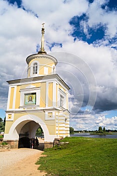 Gate tower Svetlitskaya over the main entrance into the Nilov Monastery, Tver region.