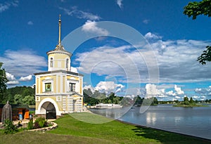 Gate tower Svetlitskaya over the main entrance and passage from the Peninsula Svetlitsa into the Nilov Monastery, Tver region.