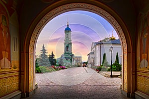 Gate view of the Optina Pustyn Orthodox male monastery during sunset in Kozelsk, Russia