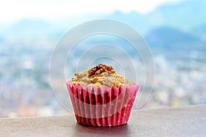 Gateau Grenoblois, French Walnut Coffee Cake, specialty from Grenoble and view on central part of Grenoble city from Bastille