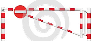 Gated Road Barrier Closeup, No Entry Sign, Roadway Gate Bar In Bright White And Red, Traffic Stop Block And Vehicle Security Point