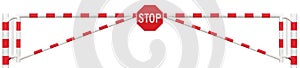 Gated Road Barrier Closeup, Octagonal Stop Sign Roadway Gate Bar photo