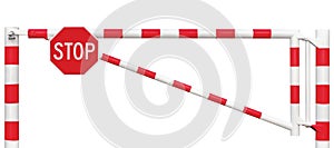 Gated Road Barrier Closeup, Octagonal Stop Sign, Roadway Gate Bar In Bright White And Red, Traffic Entry Stop Block Security Point photo