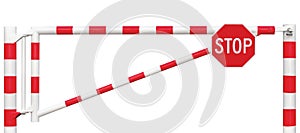 Gated Road Barrier Closeup, Octagonal Stop Sign, Roadway Gate Bar Bright White Red Traffic Entry Stop Block Vehicle Security Point