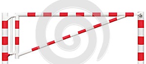 Gated Road Barrier Closeup, Roadway Gate Bar In Bright White And Red, Traffic Entry Stop Block And Vehicle Security Point Gateway