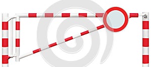 Gated Road Barrier Closeup, Round No Vehicles Sign, Roadway Gate Bar In Bright White And Red, Traffic Entry Stop Block