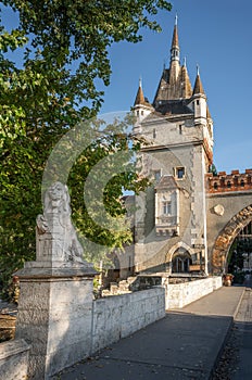 Gatehouse Tower and Lion Sculpture at Vajdahunyad Castle - Budapest, Hungary