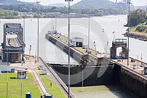 Gates and basin of Miraflores Locks Panama Canal