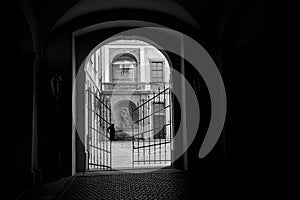 Gates at Belvedere in Hradcany, Prague, Czech Republic. Black and white