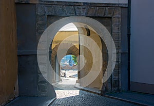 Gates in Black Tower of Prague Castle at the morning in old city of Prague, Czech Republic