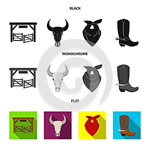 Gates, a bull skull, a scarf around his neck, boots with spurs. Rodeo set collection icons in black, flat, monochrome