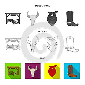 Gates, a bull skull, a scarf around his neck, boots with spurs. Rodeo set collection icons in flat,outline,monochrome