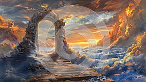 Gates of Heaven. Fantasy landscape with an arch in the clouds at sunrise.