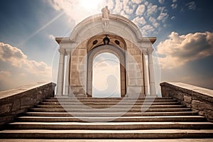The gates of heaven, with a grand staircase leading up to an arch with a Christian cross and rays of light shining down from above