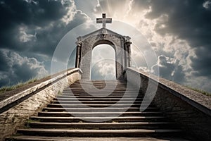 The gates of heaven, with a grand staircase leading up to an arch with a Christian cross and rays of light shining down from above