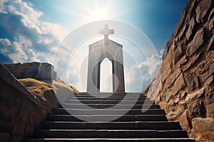 The gates of heaven, with a grand staircase leading up to an arch with a Christian cross and rays of light shining down from above