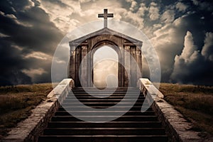 The gates of heaven, with a grand staircase leading up to an arch with a Christian cross and rays of light shining down from above