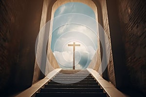 The gates of heaven, with a grand staircase leading up to an arch with a Christian cross and rays of light shining down from above