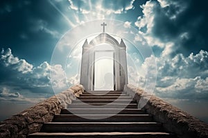 The gates of heaven, with a grand staircase leading up to an arch with a Christian cross and rays of light shining down from above