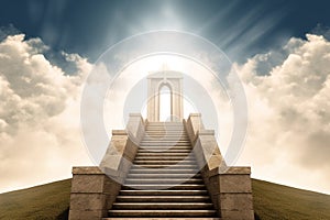 The gates of heaven, with a grand staircase leading up to an arch with a Christian cross and rays of light shining down from above