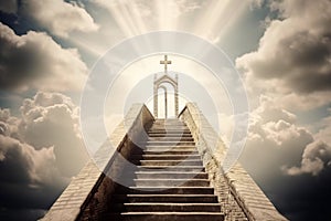 The gates of heaven, with a grand staircase leading up to an arch with a Christian cross and rays of light shining down from above