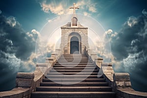 The gates of heaven, with a grand staircase leading up to an arch with a Christian cross and rays of light shining down from above