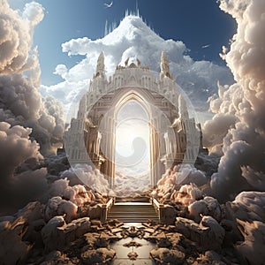 Gates of heaven, illustration of the road going to heaven. Fluffy clouds and people go up the stairs