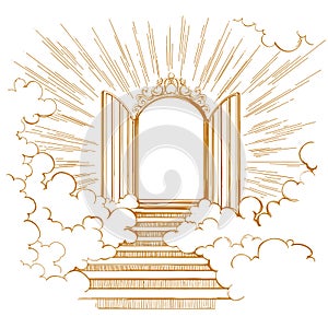 Gates of Paradise, entrance to the heavenly city, meeting with God, symbol of Christianity hand drawn vector