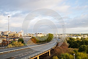 Gateshead UK: Oct 2021: The A167 flyover in Gateshead city centre skyline in autumn with nice warm sunlight