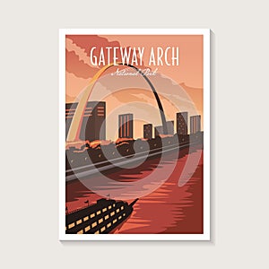 Gateway Arch National Park poster illustration, beautiful big river city scenery poster