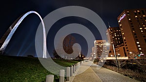 Gateway arch national park st louis MO at night city and walkway