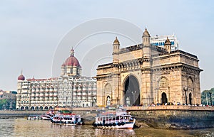 The Gateway of India and Taj Mahal Palace as seen from the Arabian Sea. Mumbai - India