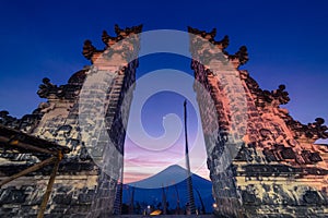 The Gateway to Heaven at Pura Luhur or Lempuyang Temple with view to the Agung volcano in beautiful sunset sky in Bali, Indonesia