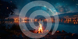 Gathering Around a Nighttime Campfire A Cozy Atmosphere for Socializing. Concept Campfire Stories, Roasting Marshmallows, Warm