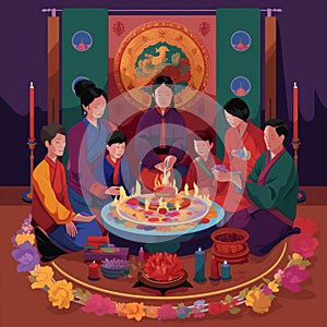 Gathering Around a Traditional Tibetan Altar for Losar & x28;Tibetan New Year& x29;