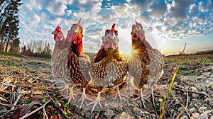 A gathering of chickens, clustered closely together, all standing upright beside one another in a row