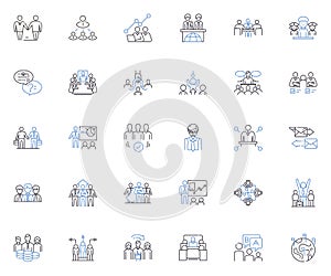 Gathering of leaders line icons collection. Summit, Assembly, Caucus, Conclave, Convocation, Conference, Congress vector