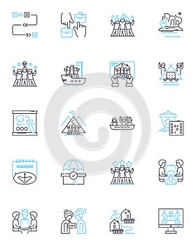 Gathering linear icons set. Convene, Assemble, Meet, Get-together, Congregate, Mingle, Rally line vector and concept