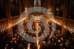 A gathering of numerous individuals holding lit candles inside the walls of a church, A grand Christmas church scene with people