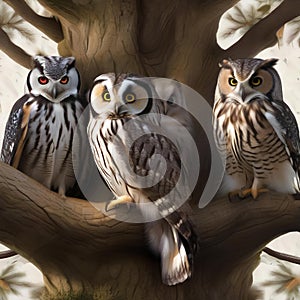 A gathering of owls in a tree, exchanging New Years Eve resolutions on parchment scrolls1