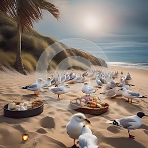 A gathering of seagulls stealing a beach picnic for a New Years Eve feast by the sea2