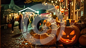 A gathering of various-sized pumpkins arranged neatly on a table, Halloween-themed street fair in a small coastal town