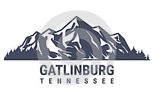 Gatlinburg, Tennessee resort town emblem, snow covered mountains range, Sevier County