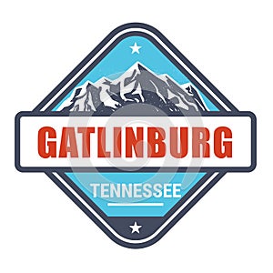 Gatlinburg, Tennessee ski resort stamp, emblem with snow covered mountains, Great Smoky Mountains