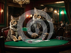 Gato vestido con una chaqueta negra de cuero jugando al poker photo