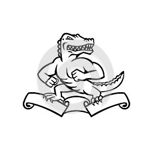 Gator or Alligator Standing on Ribbon Scroll Mascot Black and White