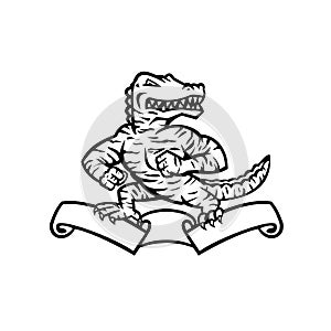 Gator or Alligator in Tiger Stripes Standing on Ribbon Scroll Mascot Black and White