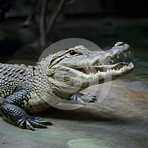 Gator captured in zoo habitat, reptile conservation concept