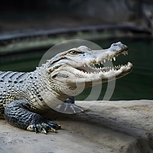 Gator captured in zoo habitat, reptile conservation concept