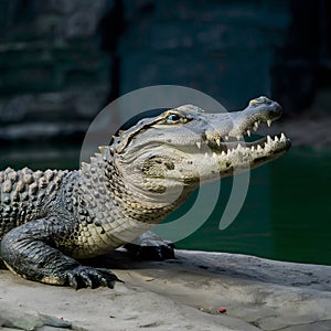 Gator captured in zoo habitat, reptile conservation concept